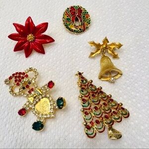 Christmas Brooch Bundle FIVE Gold Red Green Bell Tree Holiday Pins